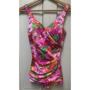 Vintage Roxanne Pink Floral One Piece Swim Suit Original Tags Union Made Size 14